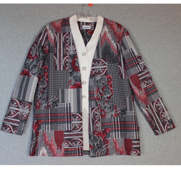 Vintage Good Times Patchwork Blazer Jacket Floral Houndstooth Print Button Front - Picture 1 of 4